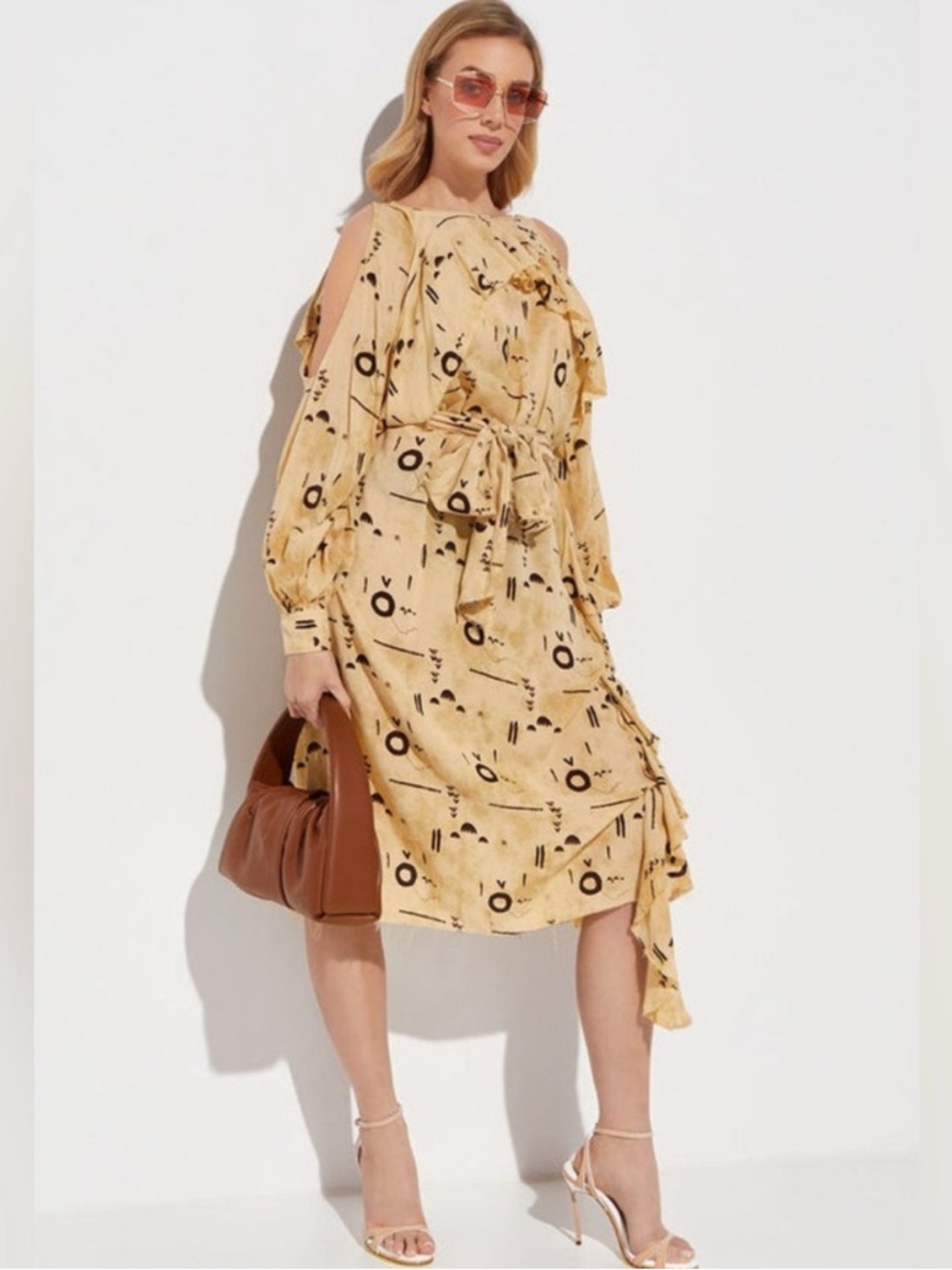 ONETEASPOON GYPSY DRESS XS Cold-Shoulder Ruffle Tie-Waist Midi Dress in Mustard